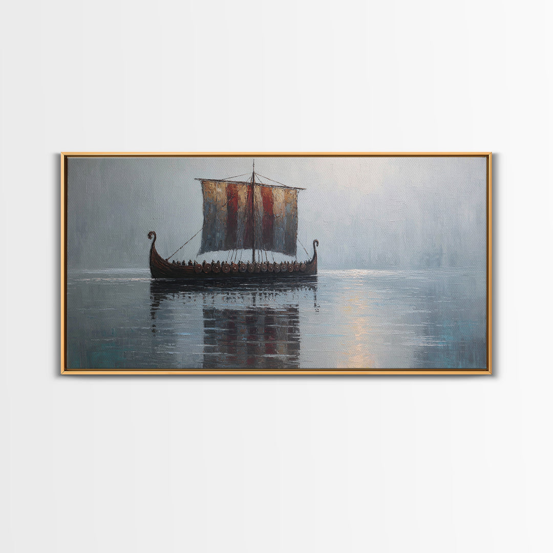 Viking Longship In Misty Water Canvas Print, Nautical Wall Art, Norse Seascape Painting, Coastal Decor For Living Room Art