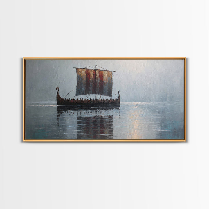 Viking Longship In Misty Water Canvas Print, Nautical Wall Art, Norse Seascape Painting, Coastal Decor For Living Room Art
