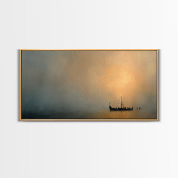 Misty Viking Ship At Golden Fog Canvas Print, Nordic Seascape Wall Decor, Minimalist Coastal Art, Calming Home Decor, Above Sofa Art