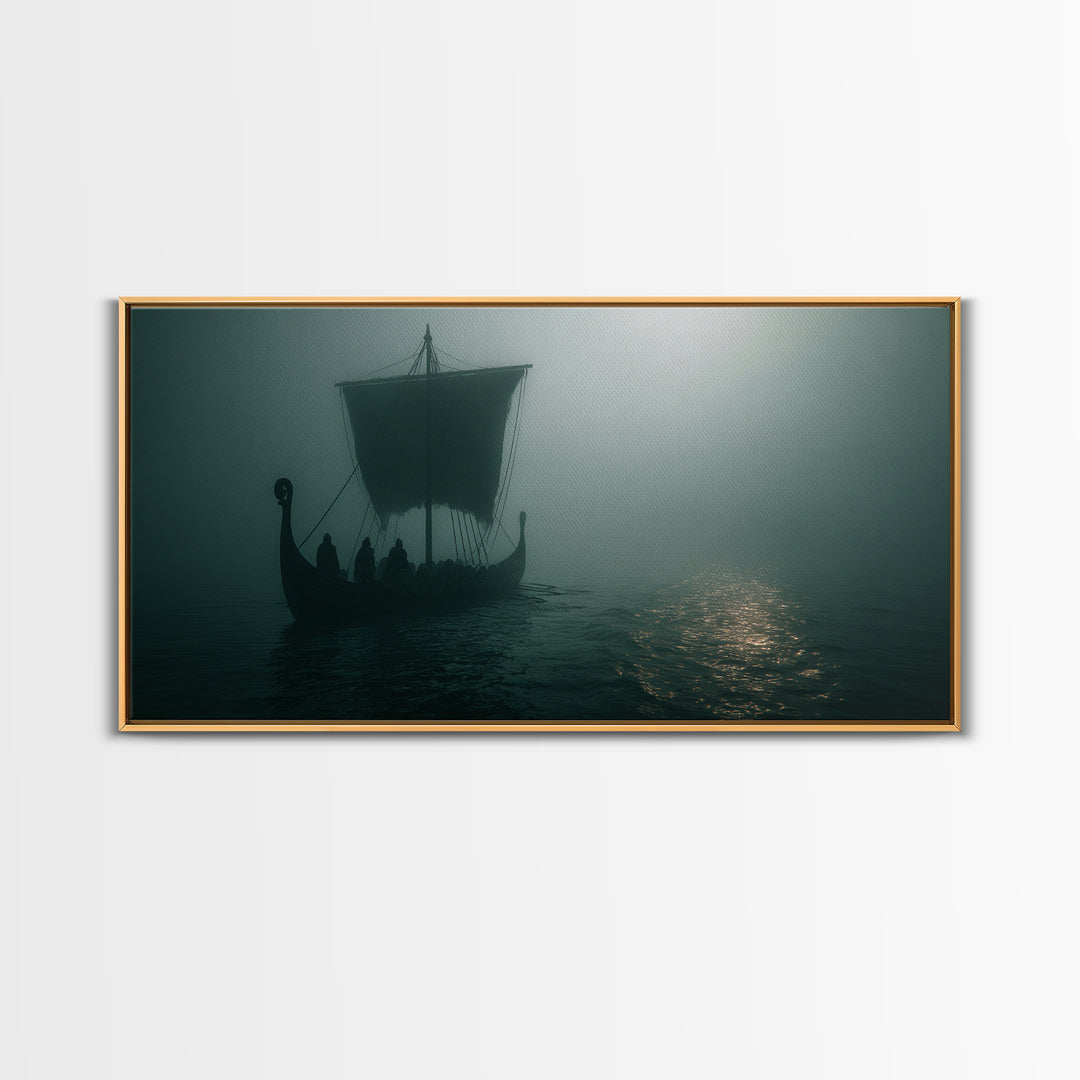 Foggy Viking Longship On Silent Water Wall Art, Nautical Art, Moody Wall Art, Scandinavian Decor, Living Room Decor, Office Decor