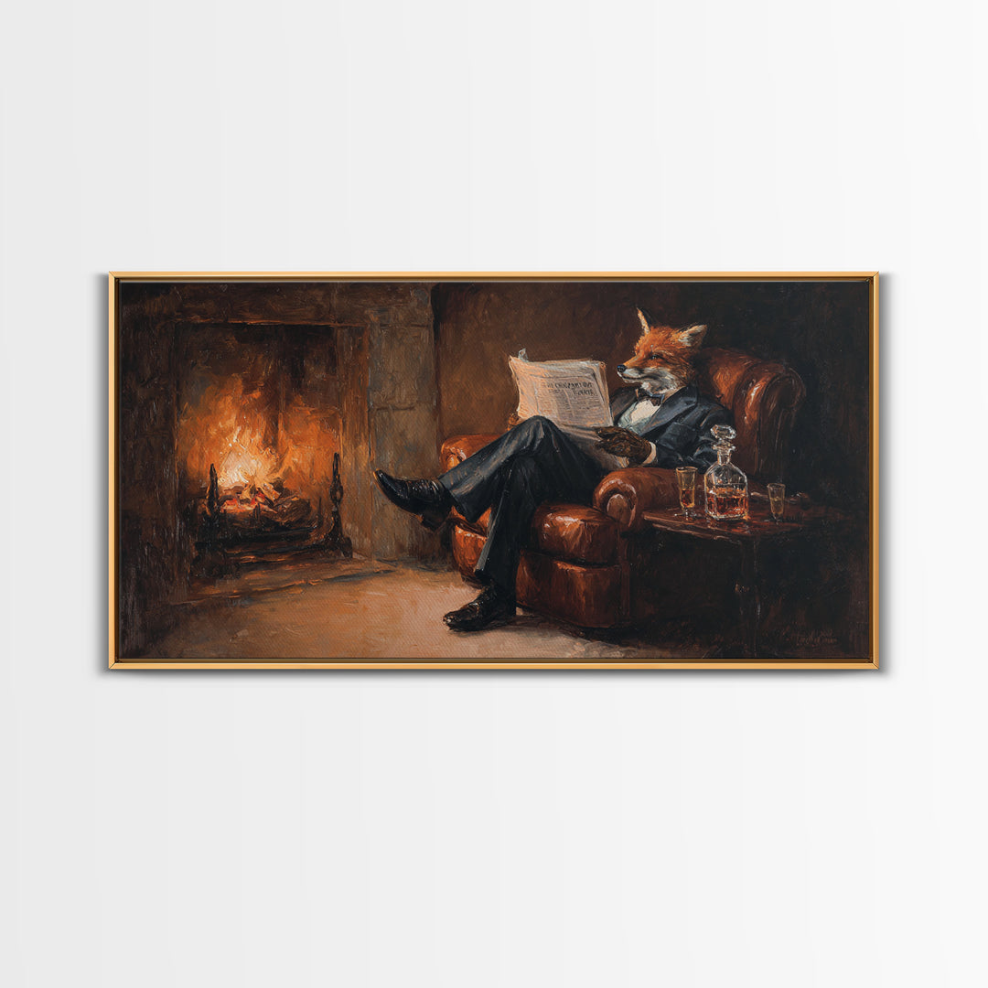 Fox Gentleman Reading By Fireside Canvas Print, Cozy Library Wall Art, Whimsical Animal Decor, Dark Academia Gift For Him