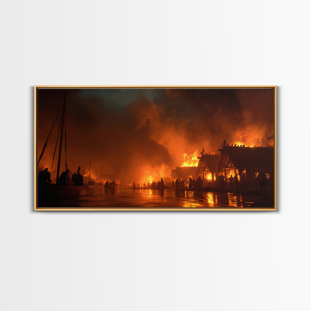 Burning Viking Village At Night Canvas Print, Fiery Harbor Wall Art, Norse Fantasy Decor, Dramatic Medieval Landscape Poster