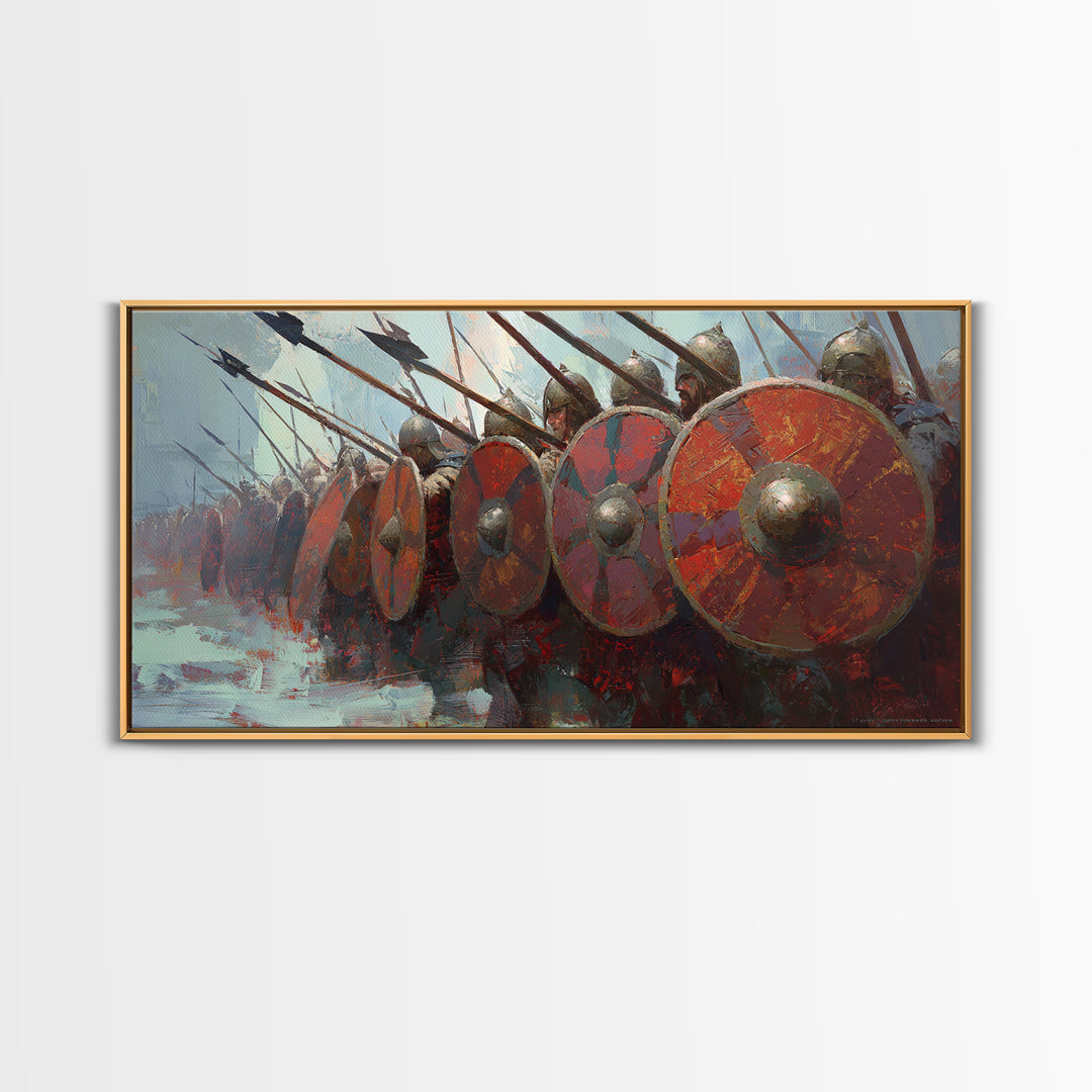 Spartan Phalanx With Red Shields Framed Canvas Print Ancient Warrior Wall Art, Historical Battle Office Decor For Man Cave