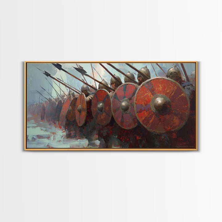 Spartan Phalanx With Red Shields Framed Canvas Print Ancient Warrior Wall Art, Historical Battle Office Decor For Man Cave