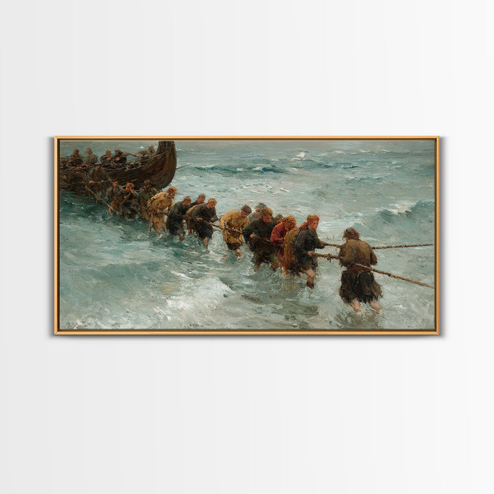 Viking Ship Landing In Icy Surf Framed Canvas Print, Norse Seascape Wall Art, Coastal Adventure Home Decor, Unique Gift For Him