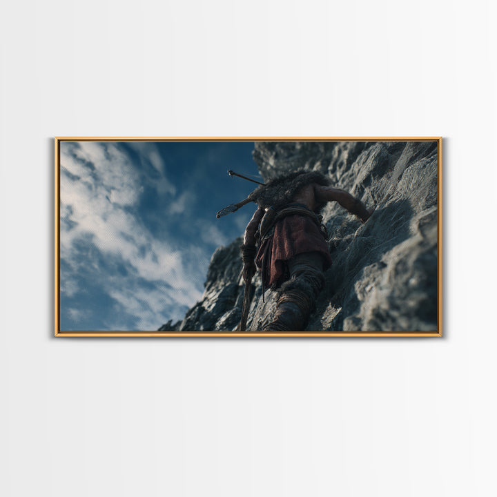 Rugged Warrior Climbing Sheer Mountain Cliff Canvas Print, Adventure Decor, Mountain Wall Art, Fantasy Art, Gift For Him