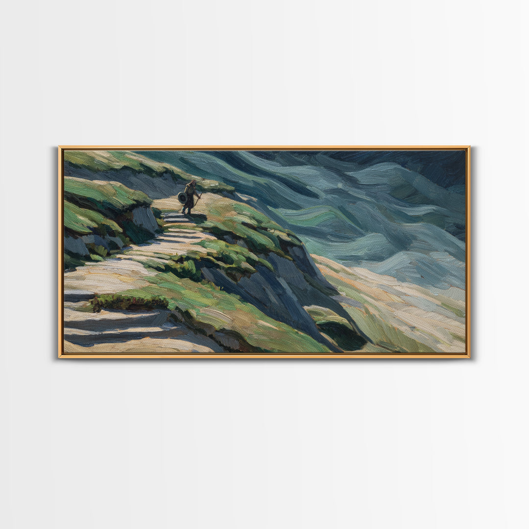 Rider On Mountain Path In Textured Hills Wall Art, Impressionist Landscape Canvas Print, Rustic Nature Decor, Home Decor