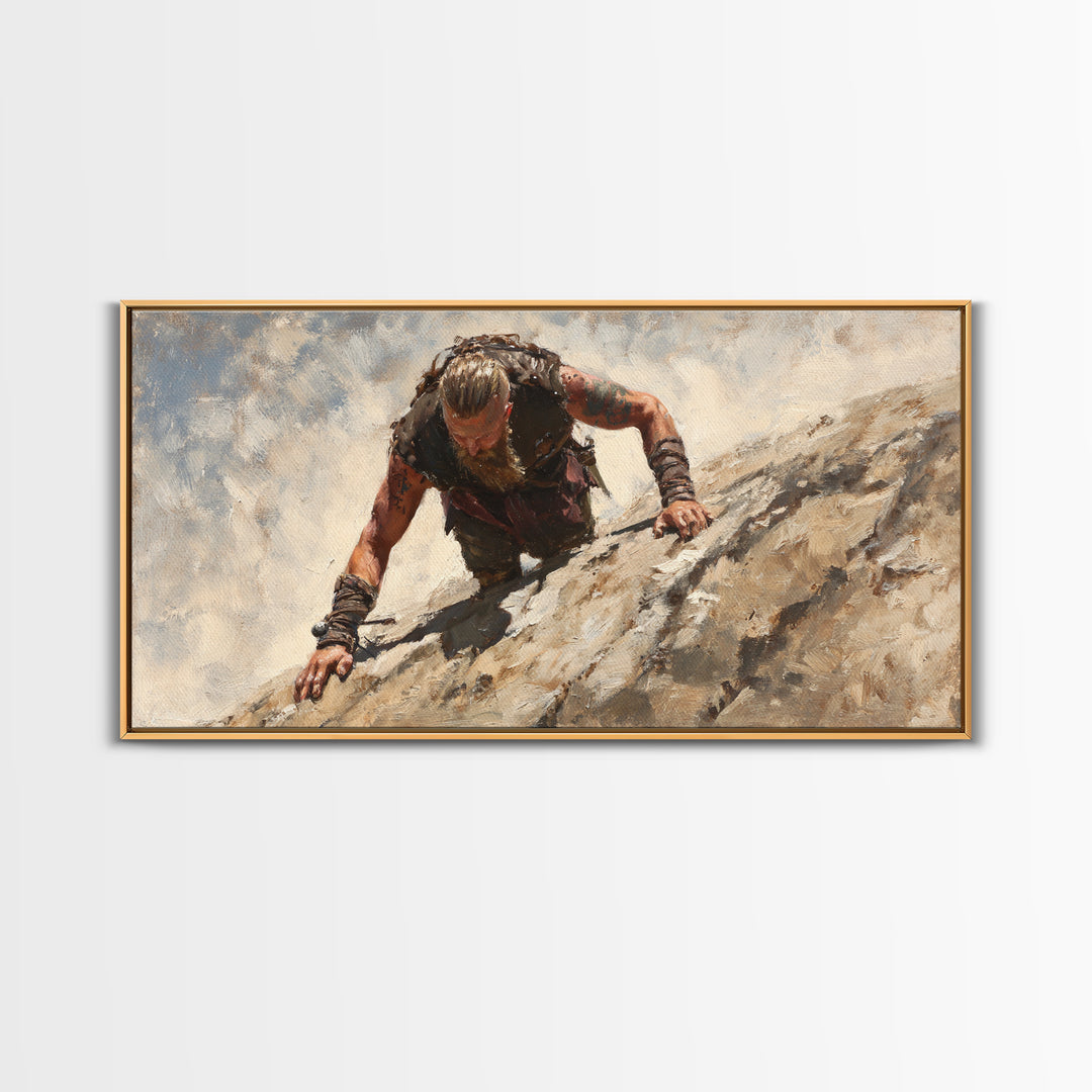 Rugged Viking Climbing Snowy Mountain Cliff Wall Art, Textured Adventure Canvas Print For Masculine Office Decor And Cabin Decor