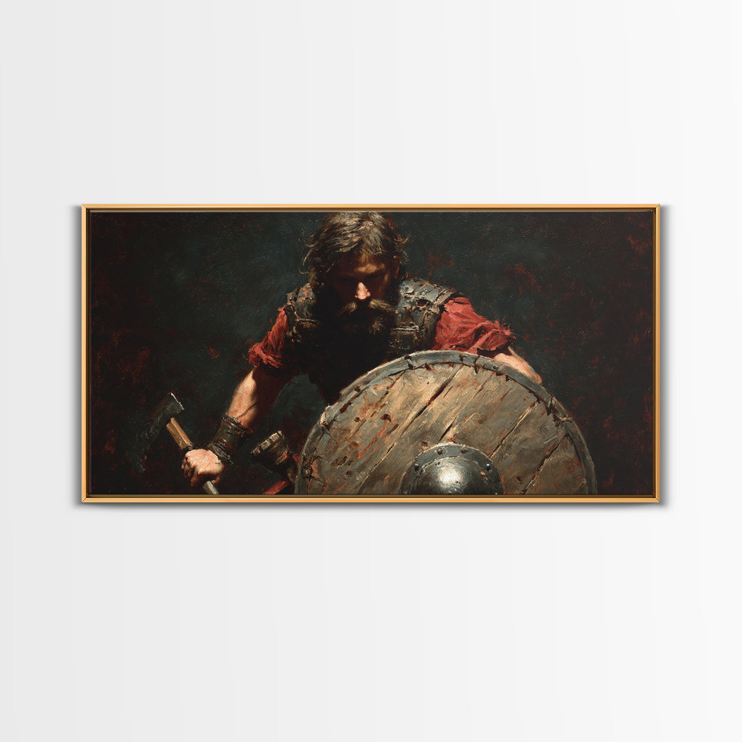 Bearded Viking Warrior With Shield Canvas Print, Norse Battle Artwork, Dark Fantasy Art, Rustic Man Cave Wall Decor, Gift For Him