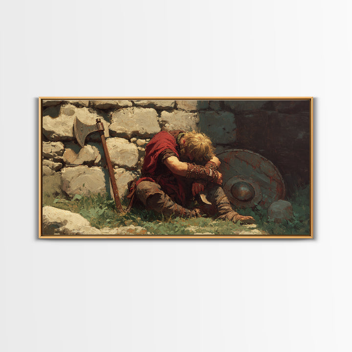 Wounded Viking Resting By Stone Wall Canvas Print, Norse Warrior Artwork, Rustic Historical Decor, Dark Academia Art, Gift For Him