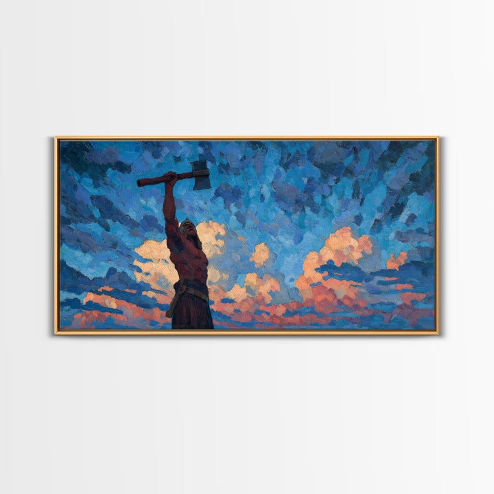 Dynamic Expressionist Oil Painting Of Man With Raised Axe Under Blue Sky Modern Wall Art Canvas Print