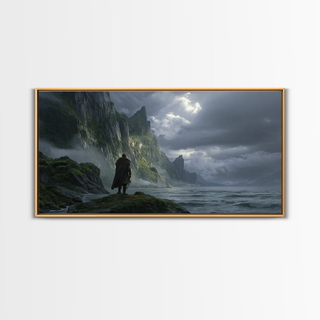 Lonely Wanderer On Stormy Sea Cliffs Canvas Print, Dark Fantasy Landscape Wall Art, Viking Coastal Decor, Moody Seascape