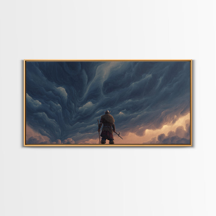 Viking Warrior Beneath Storm Clouds Canvas Print, Nordic Fantasy Wall Art, Moody Landscape Decor, Gift For Him, Living Room Decor