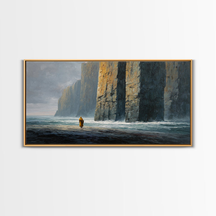 Lone Wanderer By Towering Sea Cliffs Wall Art, Moody Seascape Painting, Coastal Landscape Print, Dramatic Ocean Decor For Living Room