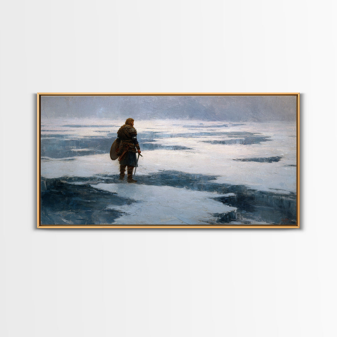 Lone Viking On Frozen Tundra Canvas Print, Nordic Winter Landscape Wall Decor, Medieval Warrior Art For Rustic Home Decor