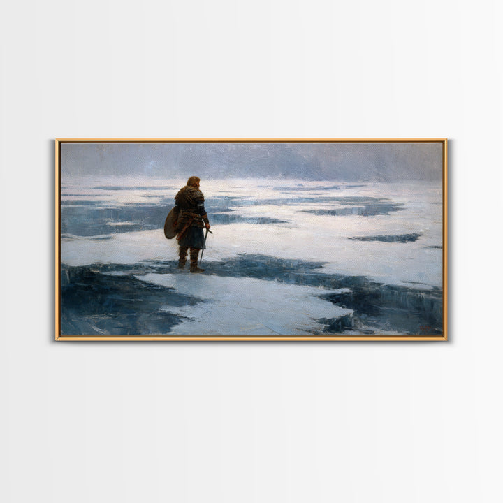 Lone Viking On Frozen Tundra Canvas Print, Nordic Winter Landscape Wall Decor, Medieval Warrior Art For Rustic Home Decor