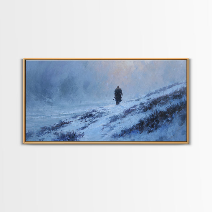 Lone Warrior In Snowy Blue Highlands Wall Art Winter Landscape Canvas, Viking Inspired Decor, Moody Large Print For Living Room Decor