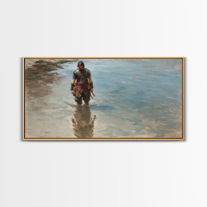 Solitary Warrior Walking Through Blue Water Canvas Print, Coastal Battle Wall Art, Heroic Landscape Decor, Modern Gift For Him