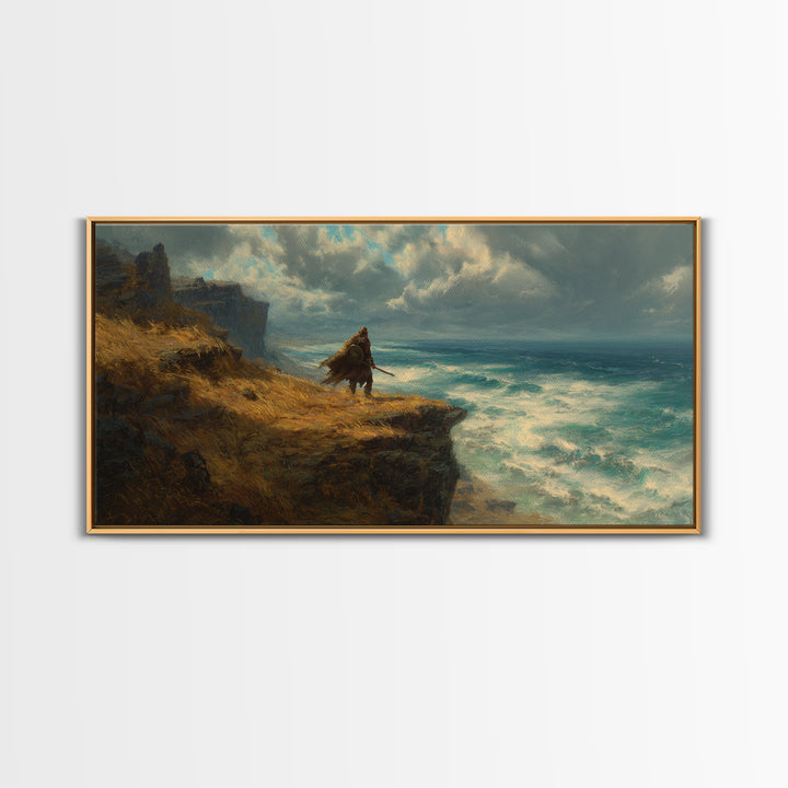 Cloaked Warrior On Ocean Cliff Wall Art, Moody Seascape Canvas Print, Fantasy Coastal Decor For Office Or Living Room Art