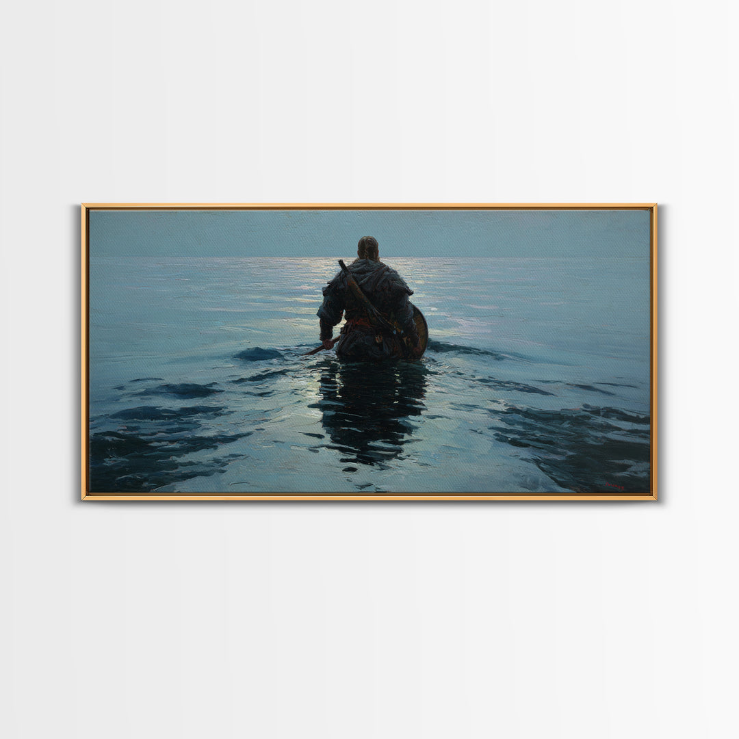 Lone Warrior Wading Into Calm Blue Sea Framed Canvas Print, Nautical Fantasy Wall Art, Moody Coastal Living Room Decor Gift
