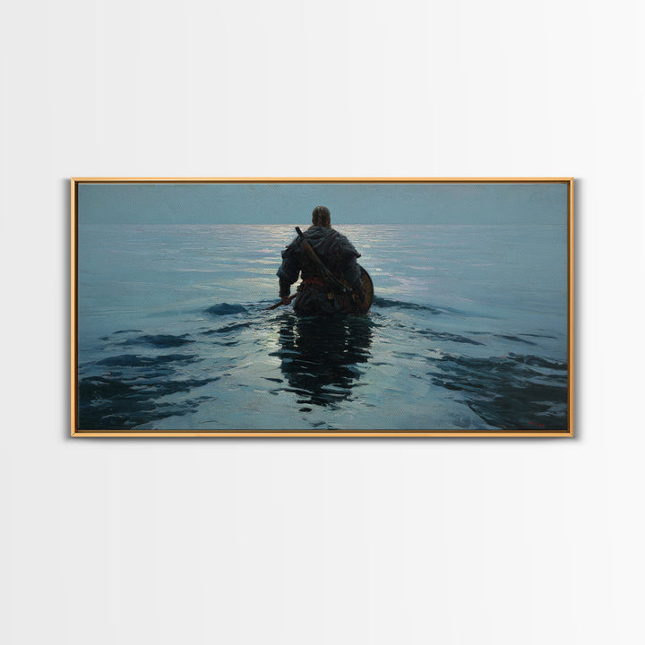 Lone Warrior Wading Into Calm Blue Sea Framed Canvas Print, Nautical Fantasy Wall Art, Moody Coastal Living Room Decor Gift
