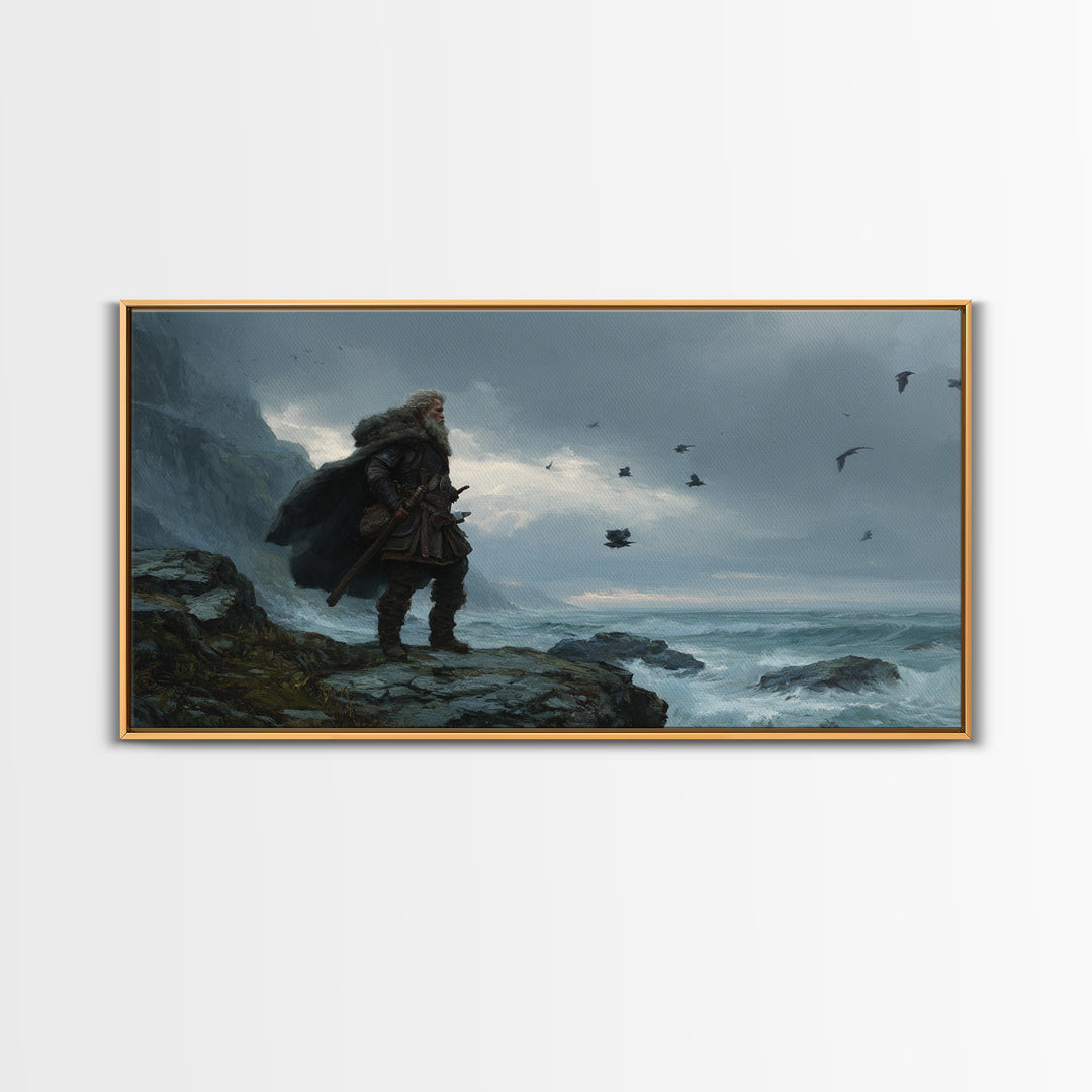 Weathered Viking On Stormy Sea Cliff Wall Art, Nordic Warrior Canvas Print For Masculine Office Decor And Coastal Home Decor