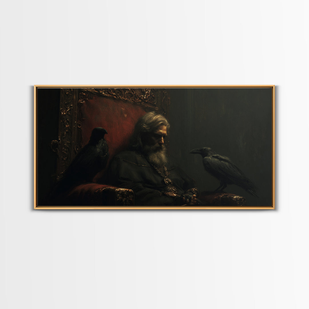 Moody Raven King Throne Portrait Wall Art, Dark Academia Gothic Canvas Decor, Medieval Fantasy Painting For Living Room Decor