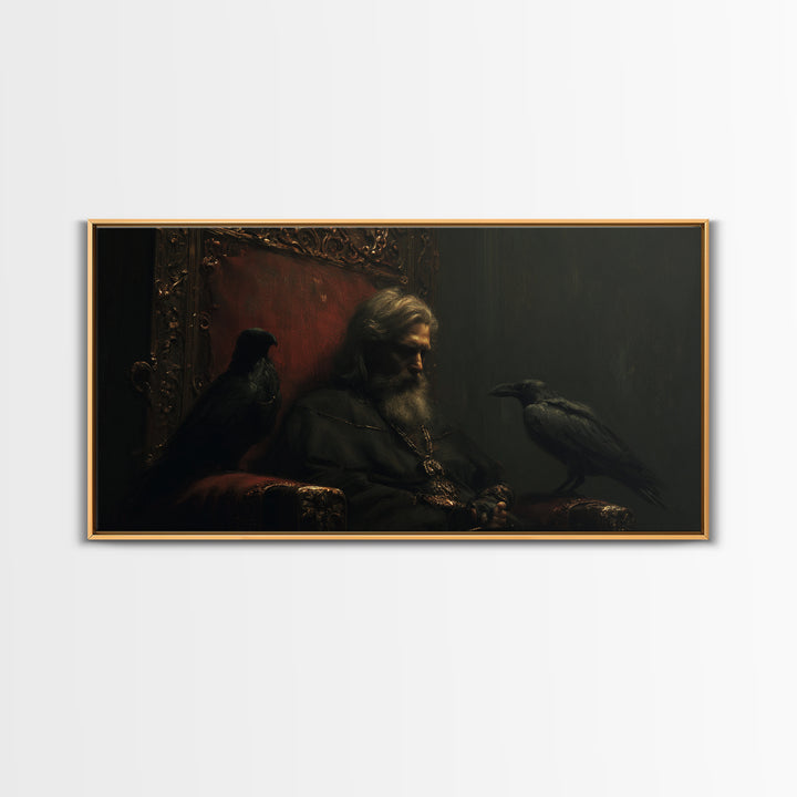Moody Raven King Throne Portrait Wall Art, Dark Academia Gothic Canvas Decor, Medieval Fantasy Painting For Living Room Decor