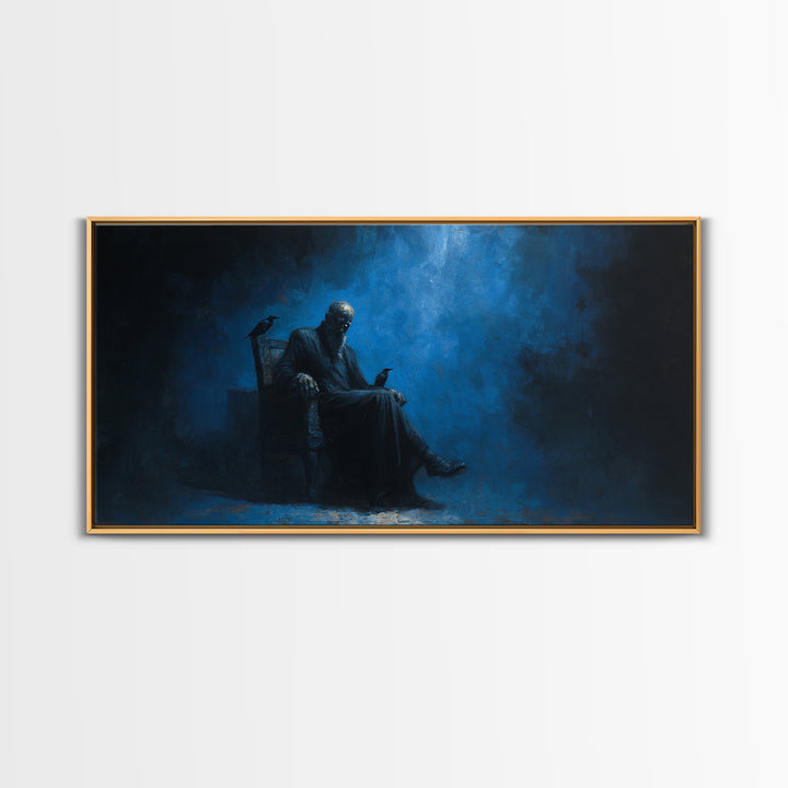 Dark Seated Figure With Raven Canvas Print Blue Gothic Portrait, Moody Wall Decor, Dark Academia Art For Living Room And Office Decor