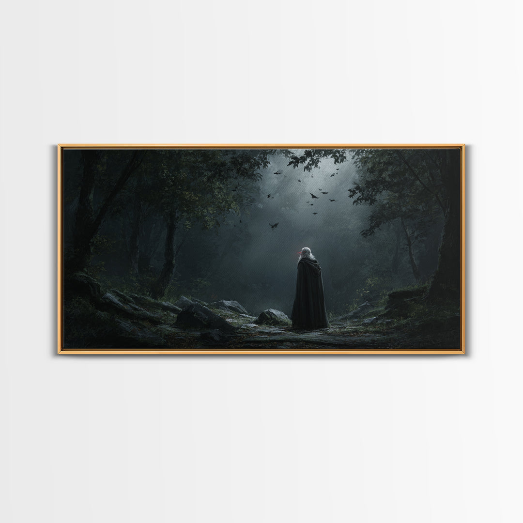 Cloaked Wanderer In Moonlit Gothic Forest Wall Art, Dark Fantasy Canvas Painting, Moody Woodland Decor Gift For Her And Witchy Home Decor