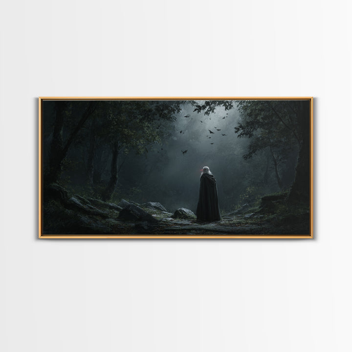 Cloaked Wanderer In Moonlit Gothic Forest Wall Art, Dark Fantasy Canvas Painting, Moody Woodland Decor Gift For Her And Witchy Home Decor