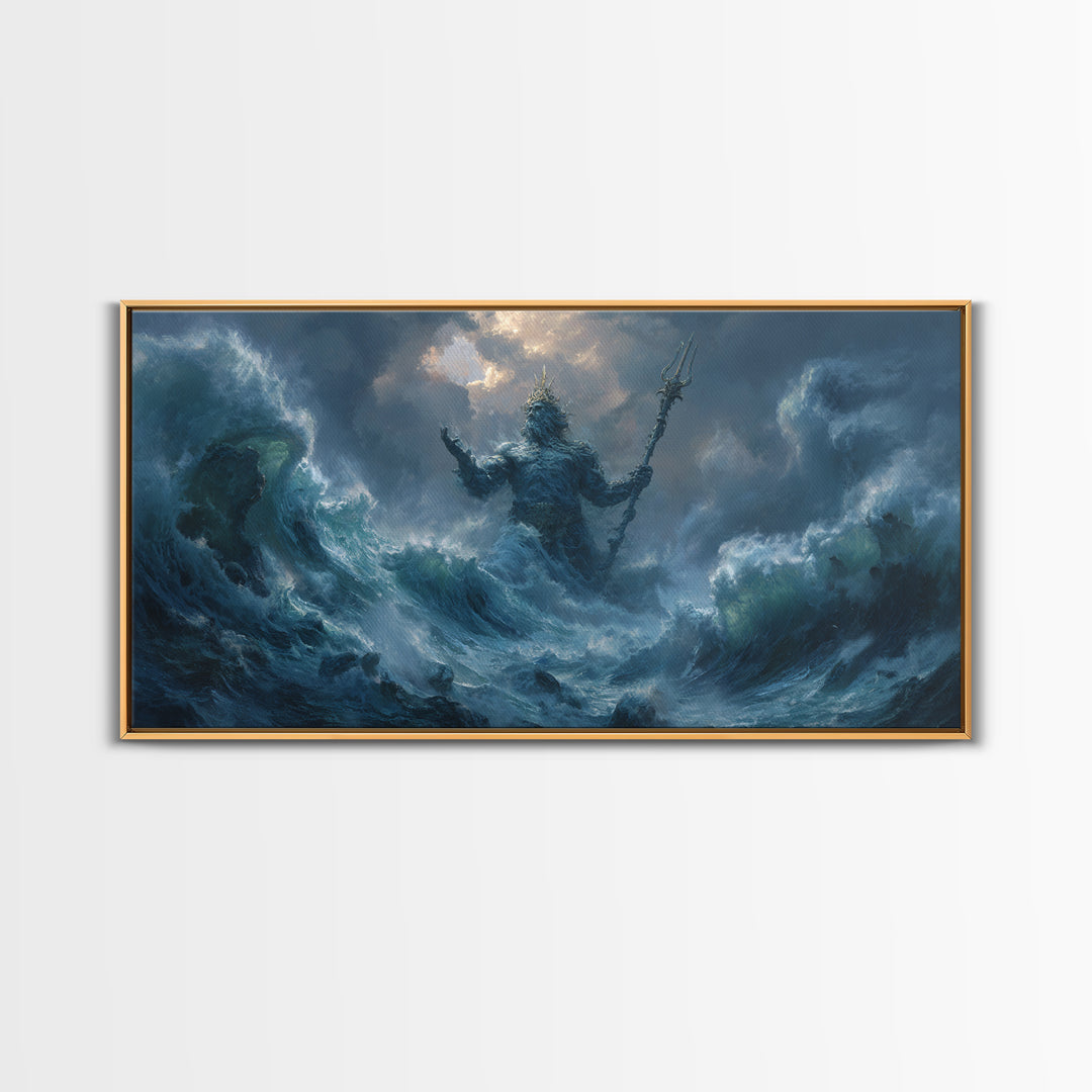 Majestic Mythical Ocean God Painting Wall Art Canvas Print For Coastal Rustic Home Decor And Living Room