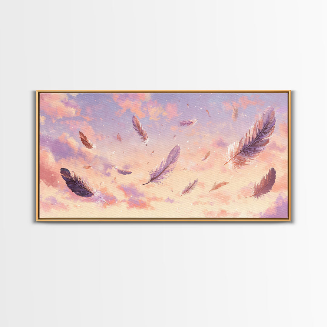 Floating Feathers Canvas Print, Pastel Sunset Sky Wall Art, Dreamy Celestial Decor, Soft Boho Bedroom Wall Decor, Gift For Her