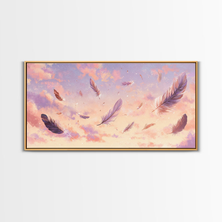 Floating Feathers Canvas Print, Pastel Sunset Sky Wall Art, Dreamy Celestial Decor, Soft Boho Bedroom Wall Decor, Gift For Her