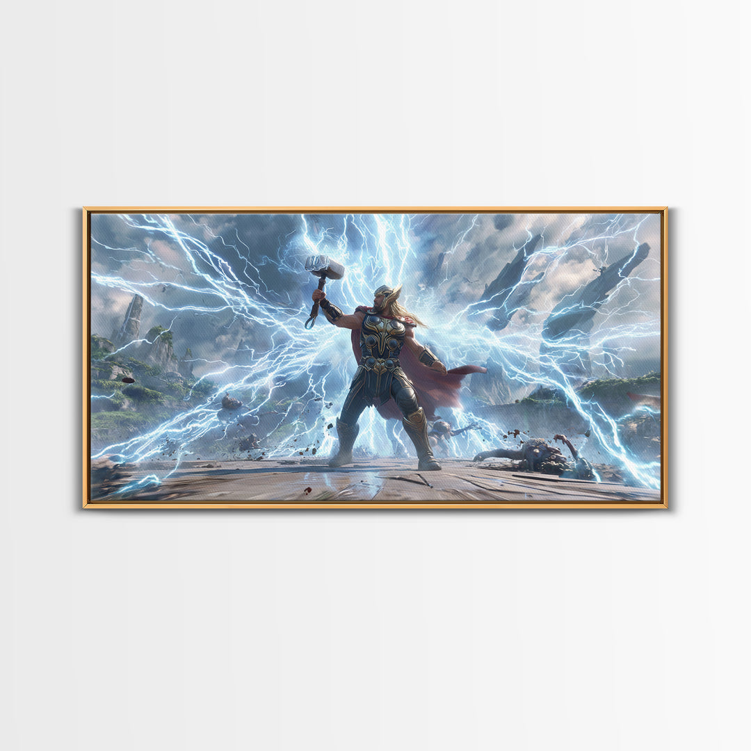 Epic Fantasy Artwork Of Thunder God Wielding Hammer Lightning Storm Detailed Surreal Wall Art Canvas Print