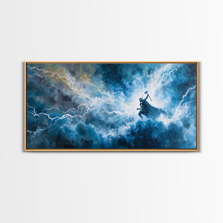 Thunder God In Lightning Storm Canvas Print Epic Fantasy Wall Art, Blue Mythology Home Decor, Viking Inspired Gift For Him