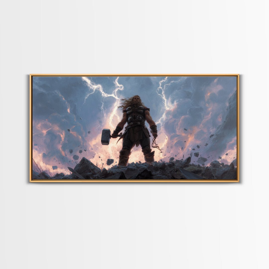 Thunder God Warrior With Hammer And Lightning Wall Art, Mythological Fantasy Canvas Print, Dramatic Storm Decor Gift For Him