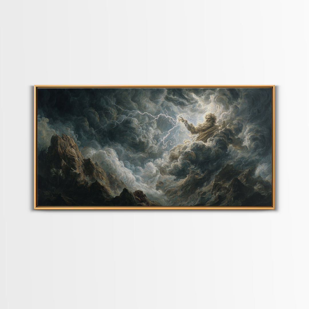 Stormy Divine Figure In Lightning Clouds Wall Art, Dramatic Mythological Canvas Print For Moody Gothic Home Decor And Fantasy Art