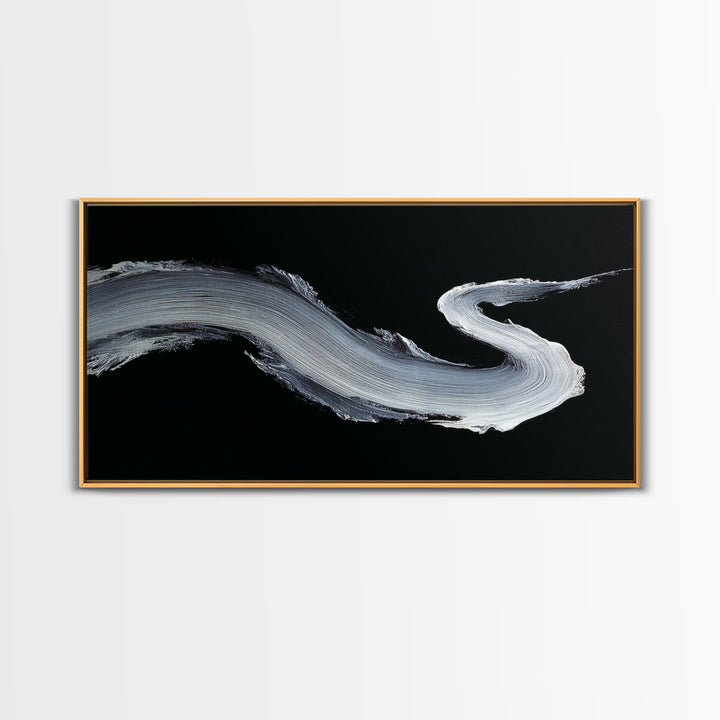 Abstract Bold White Brushstroke On Black Background Modern Wall Art, Canvas Print For Contemporary Home Decor And Office Decoration