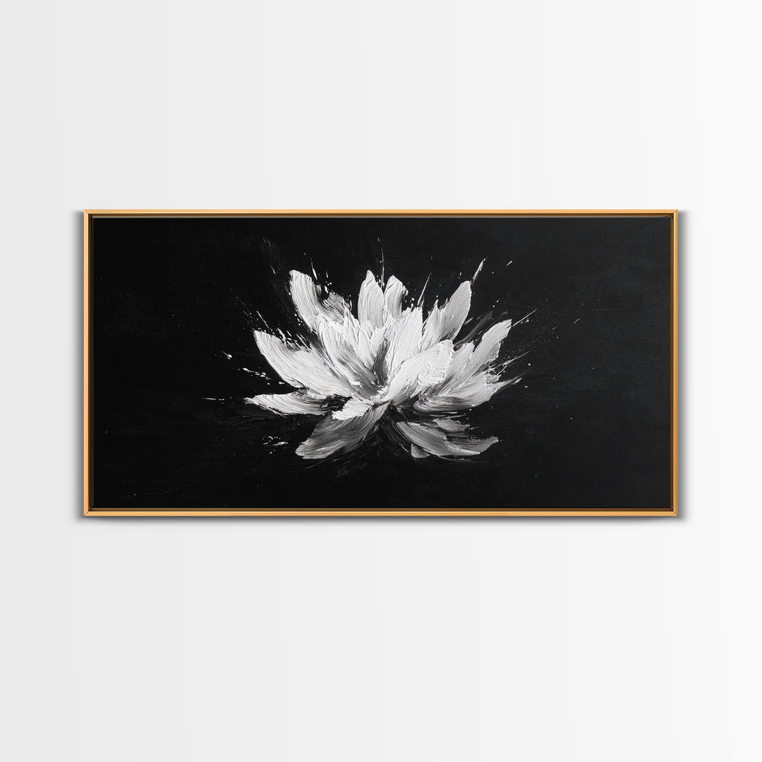 Abstract White Flower On Black Background Minimalist Wall Art Modern Home Decor Canvas Print For Living Room And Bedroom