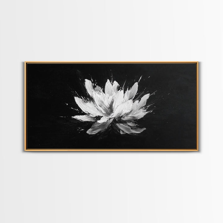 Abstract White Flower On Black Background Minimalist Wall Art Modern Home Decor Canvas Print For Living Room And Bedroom