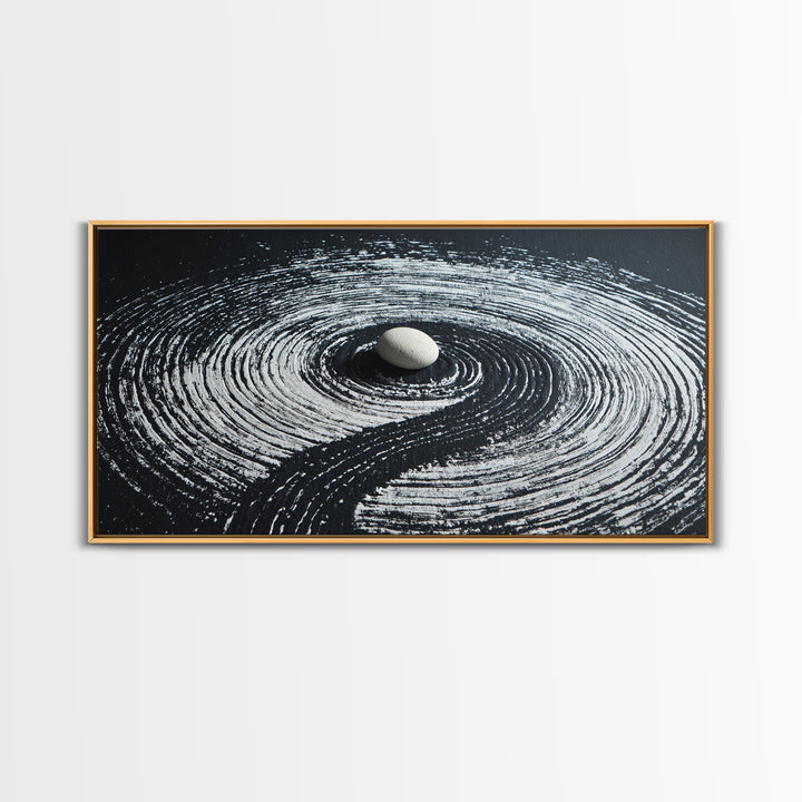 Zen Garden White Stone With Spiral Raked Sand Minimalist Black And White Wall Art Canvas Print