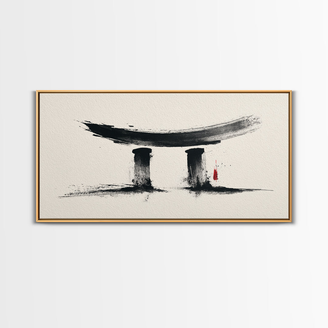 Minimalist Abstract Black Ink Calligraphy Inspired Wall Art Featuring Stylized Traditional Japanese Torii Gate In Ink Wash Style Framed Canvas Print