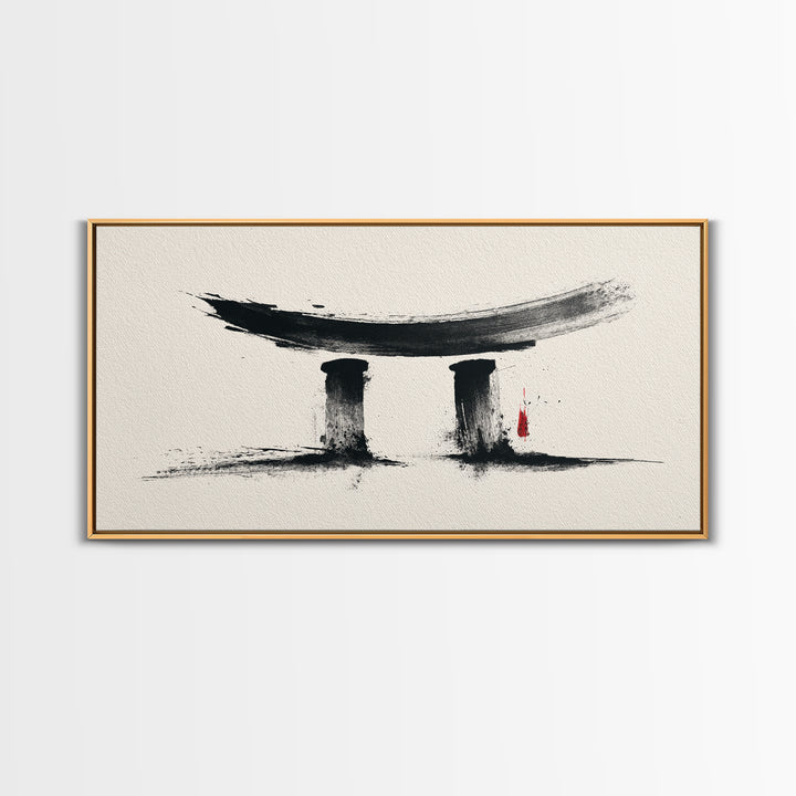 Minimalist Abstract Black Ink Calligraphy Inspired Wall Art Featuring Stylized Traditional Japanese Torii Gate In Ink Wash Style Framed Canvas Print
