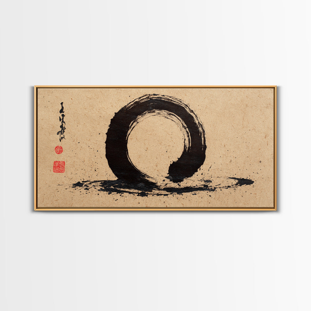 Minimalist Black Ink Enso Circle Painting On Textured Paper Modern Abstract Wall Art Framed Canvas Print For Contemporary Home Decor