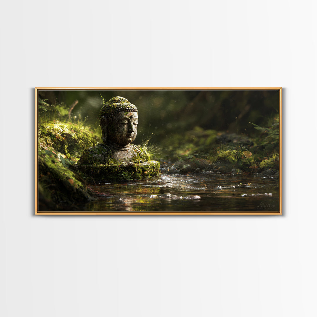 Serene Buddha Statue In Mossy Forest Water Reflection Wall Art Framed Canvas Print For Spa Zen Home Decor