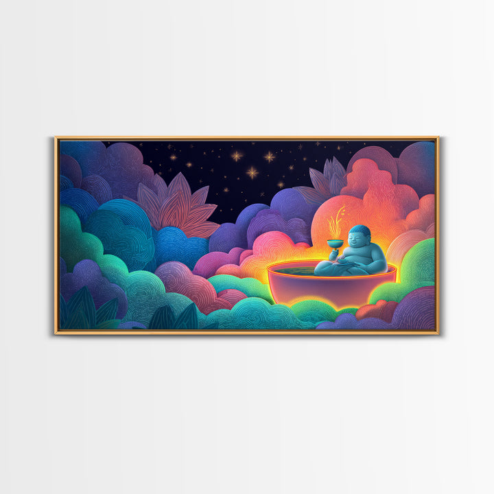 Colorful Vibrant Buddha With Neon Aura And Dynamic Clouds Spiritual Wall Art For Meditation Room And Yoga Studio Canvas Print