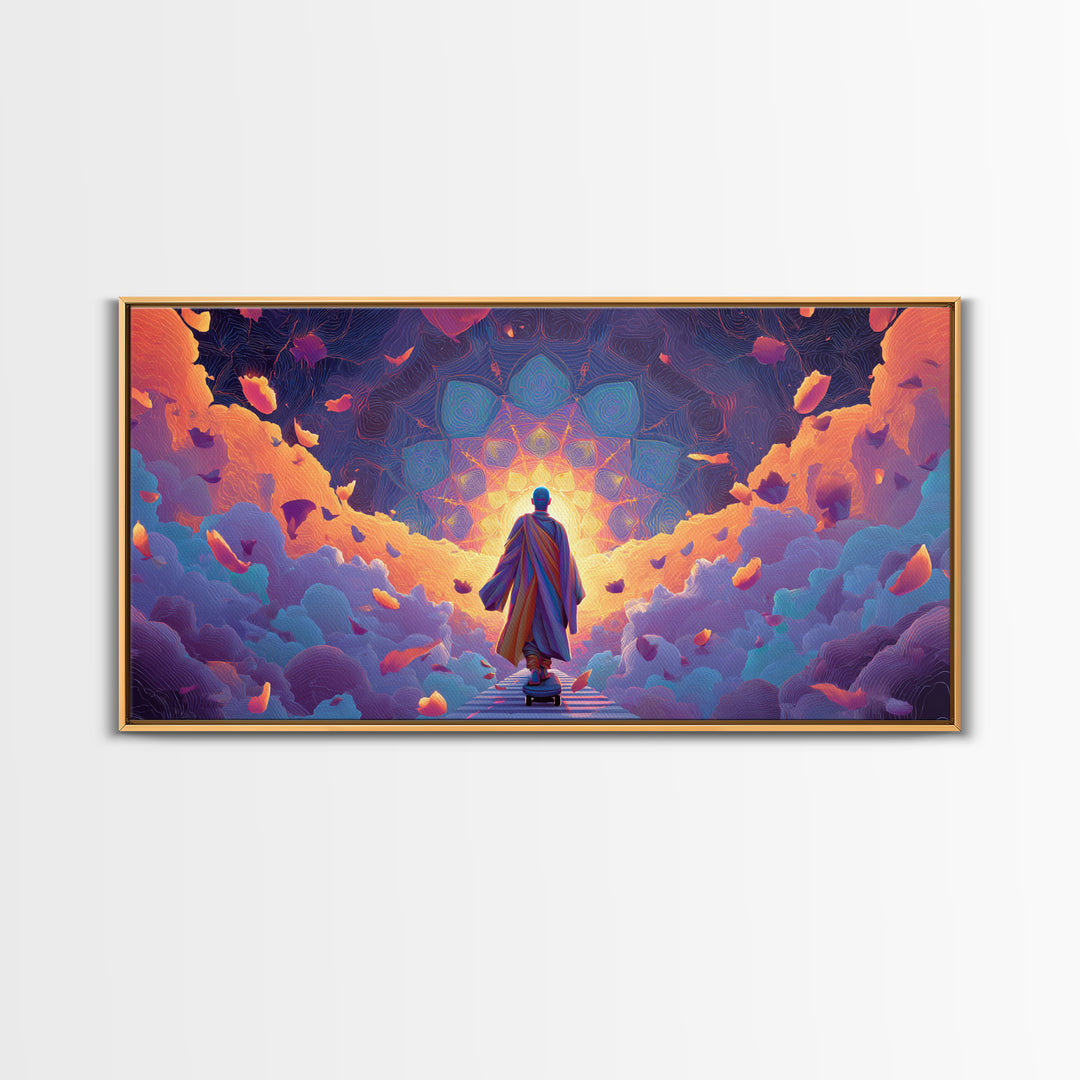 Mystical Monk Walking On Path Surrounded By Glowing Petals Spiritual Canvas Print Meditative Wall Art For Home Decor