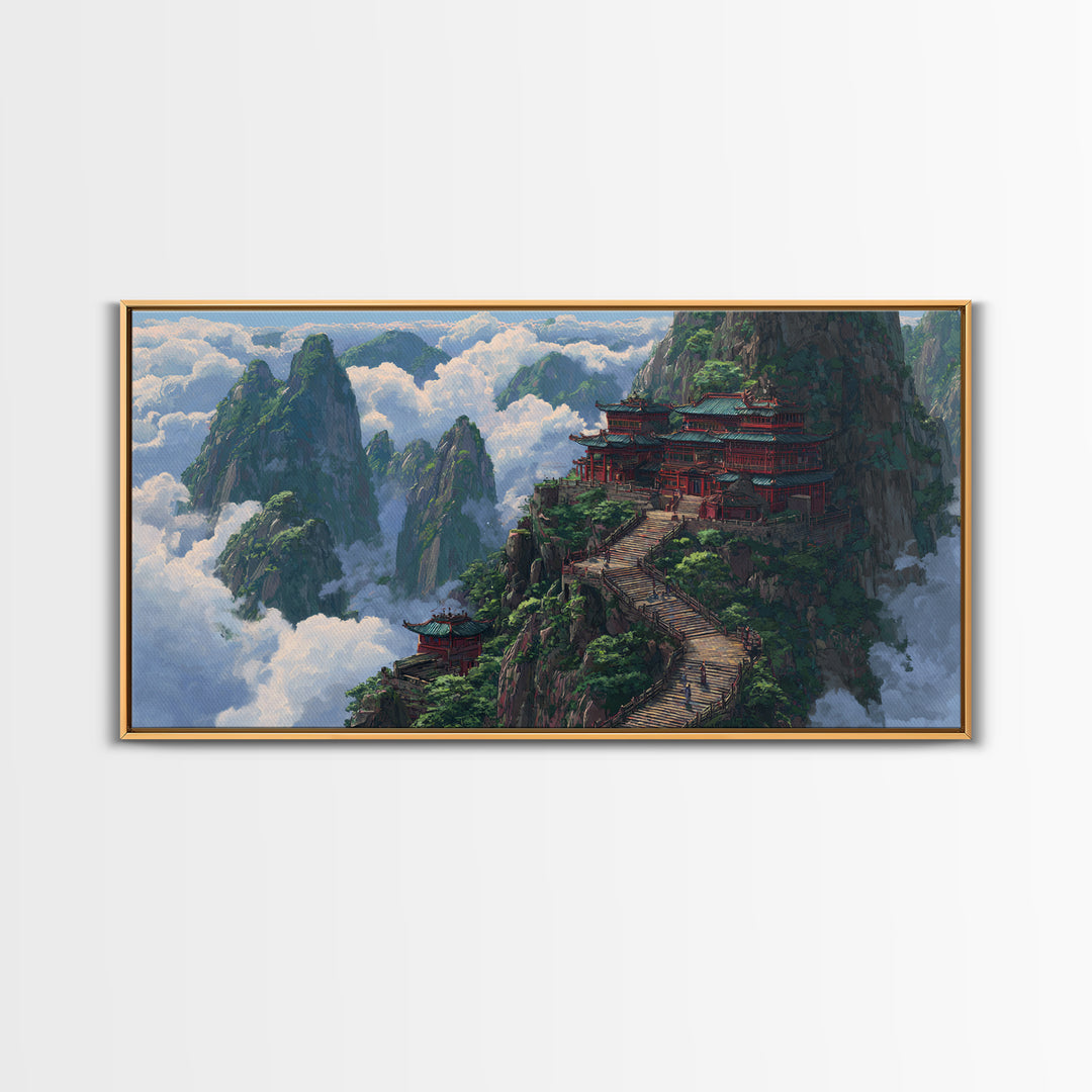 Scenic Traditional Asian Mountain Temple Landscape Painting Framed Canvas Print, Large Wall Art For Living Room Decor And Housewarming Gift