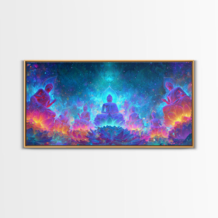 Mystical Buddha Statues Surrounded By Vibrant Lotus Flowers Spiritual Wall Art For Yoga Room Decor Canvas Print
